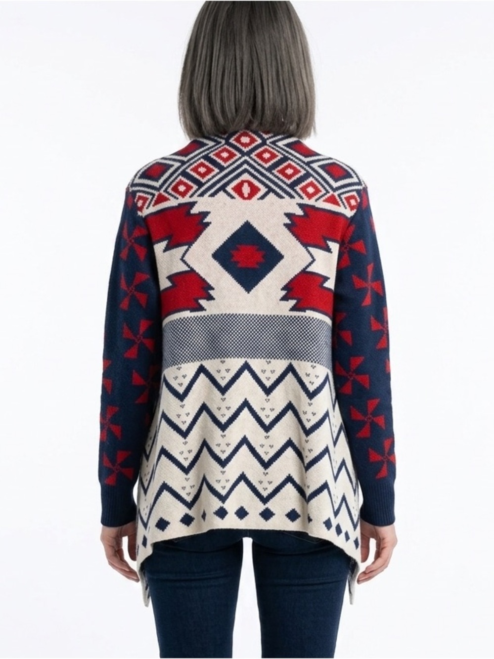 Nordic Aztec Style Design Knit Open Front Cardigan Navy Blue Red Cream Medium